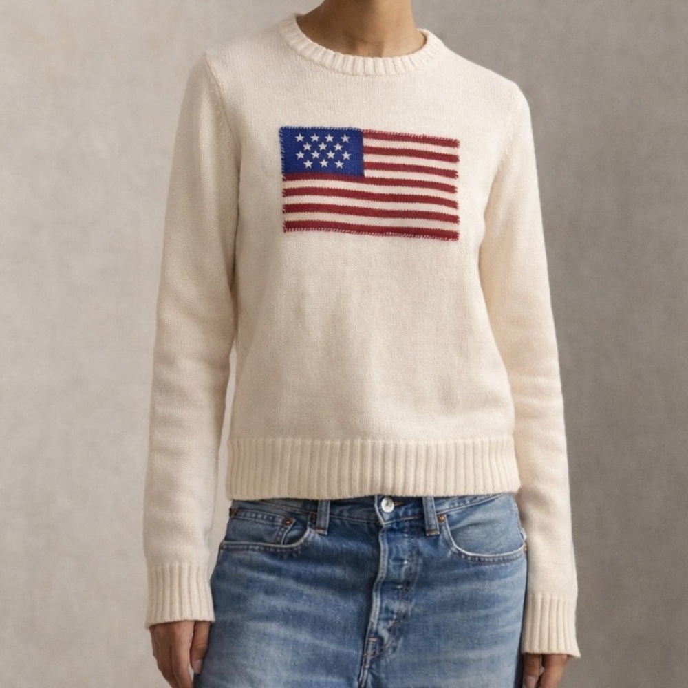Ralph Lauren Cream Crewneck Sweater with Flag Motif